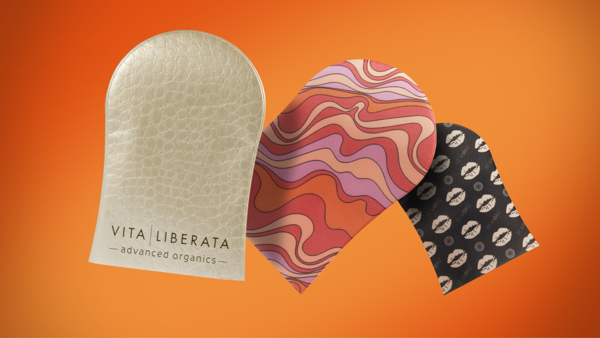 image: three tanning mitts of different designs on an orange background
