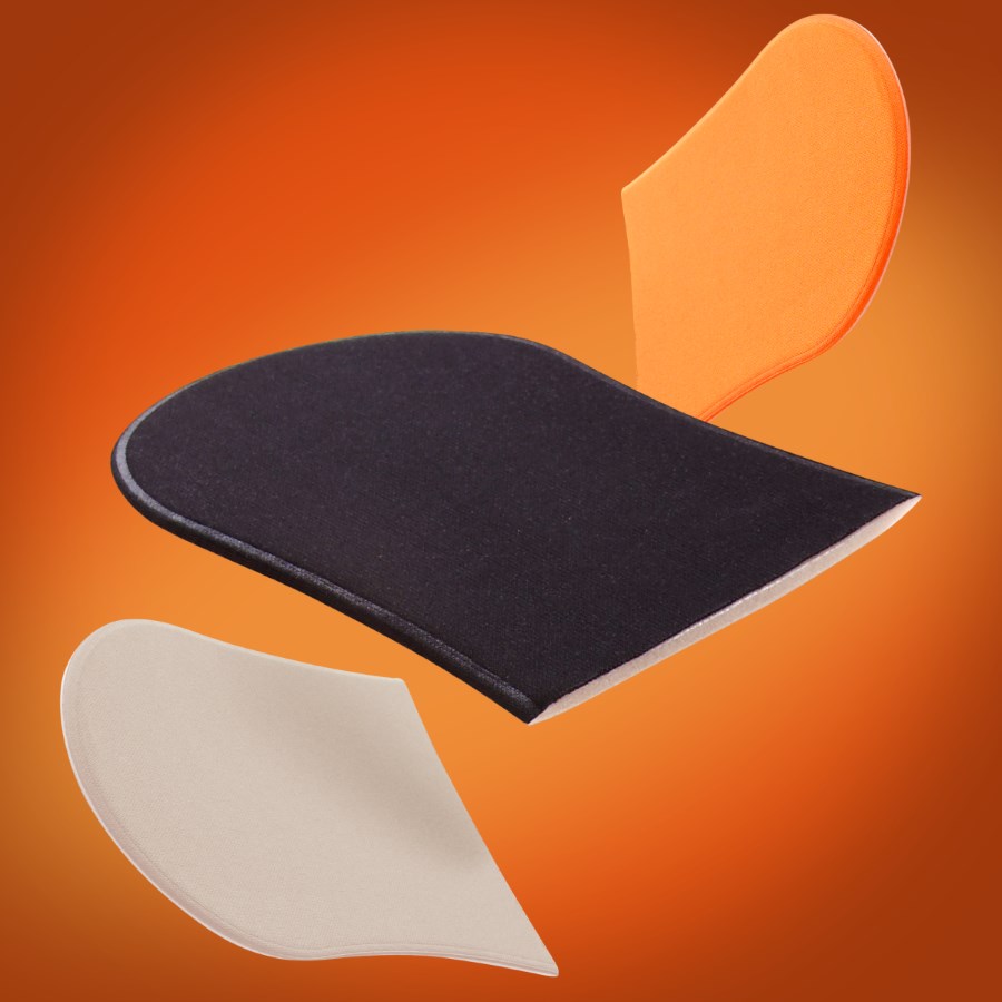 image: 3 tanning mitts of different colours (white, black, and orange) on an orange background