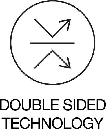 image: two arrows icon with text underneath reading Double Sided Technology