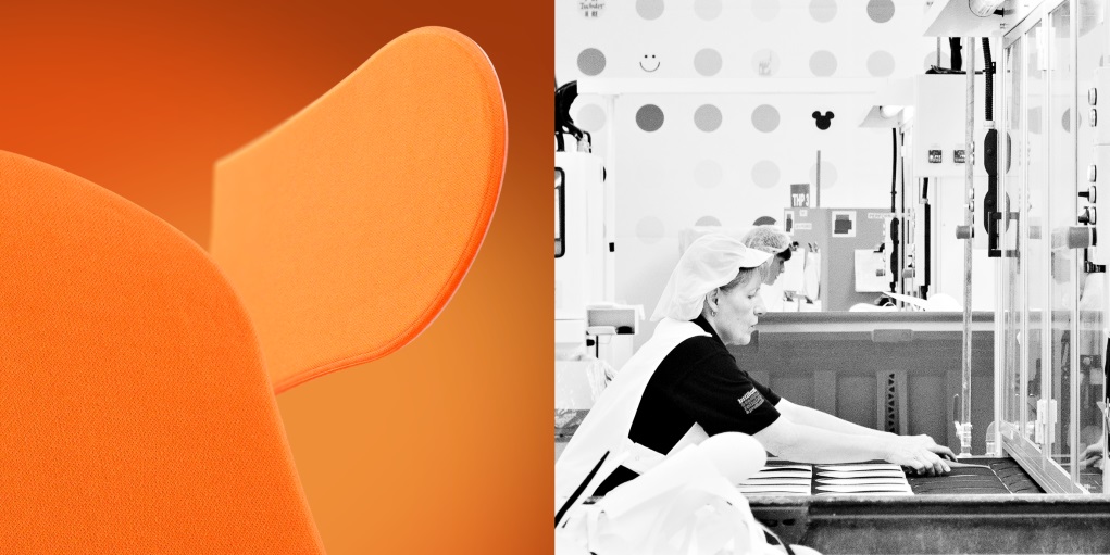 image: two images side by side. On the left 2 orange tanning mitts on an orange background, on the right a black and white photo of a lady working in the factory